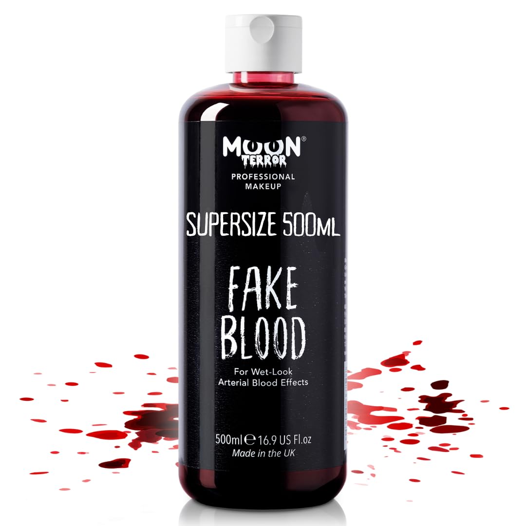 Fake Blood 500ml by Moon Terror Halloween SFX Pro Horror Make up for Vampire Zombie Theatre Special Effects Realistic Halloween Washable Fake Blood Makeup for Clothes