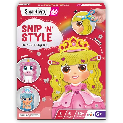 Image of Smartivity Snip 'N' Style Hair Styling Craft Kit for Kids | DIY Scissor Skills & Creativity Activity Set | Includes Princess, Mermaid & Unicorn Figures | STEM Art & Craft Toy for Girls Ages 4-8 Years