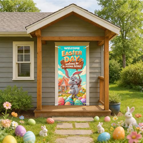 Image of Welcome Easter Door Cover Cute Bunny Banner Cartoon Eggs Spring Front Door Decorations Home Party Outdoor Decor 35.4x71 Inch