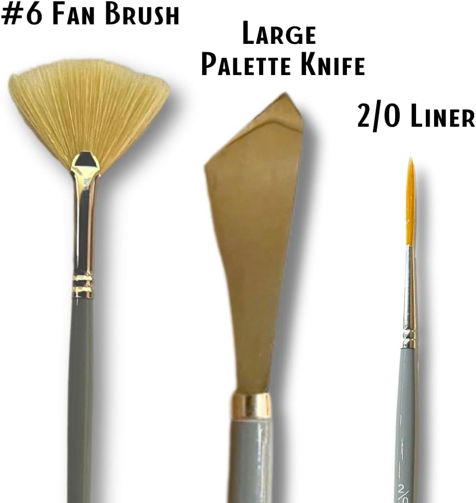 Adam Lashley 6 Piece Landscape Brush Set: 2 Inch, 1 Inch Oval, 6 Fan, Large Palette Knife, 3/4 Inch Mop Blender, 2/0 Script Liner for Wet on Wet Painting