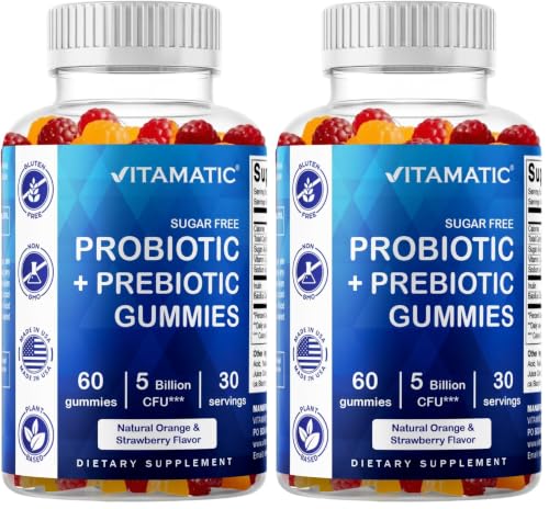Image of Vitamatic Probiotic + Prebiotic Gummies, 5 Billion CFU Digestive Support, Sugar Free Gut Health Supplement for Adults, Bacillus Coagulans with Inulin Fiber, 60 Gummies (Pack of 2)