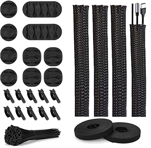 126pcs Cable Management Kit, 10 Silicone Cable Holder 4 Cable Tubing Sleeve 10 Adhesive Zip Tie 2 Roll Self-adhesive Cable Organizer Straps 100 Wire Fastening Ties for DIY, Home,Office and Workshop