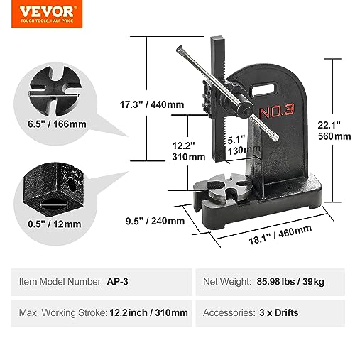 Image of VEVOR Arbor Press, 3 Ton Manual Arbor Press, 12.2 inch Maximum Height, Cast Iron Heavy-duty Manual Desktop Arbor Press, Precision Hand Press for Stamping, Bending, Stretching, Forming