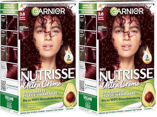 Garnier Nutrisse Dauerhafte Pflege-Haarfarbe mit nährenden Fruchtölen, Coloration mit 8 Wochen Halt, Ultra Crème Tönung, 036 Black Cherry (Packung mit 2)
