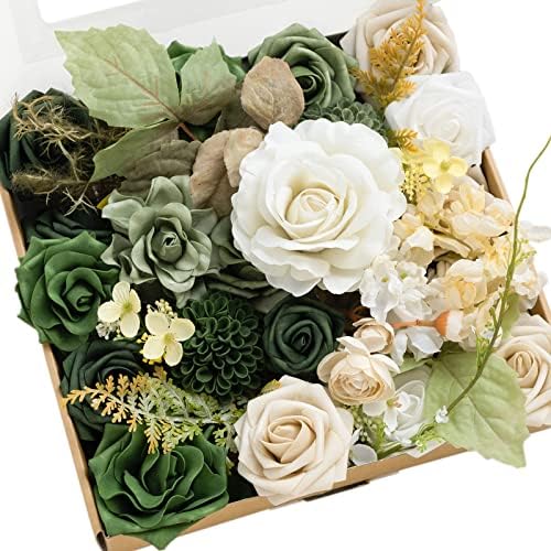 Ling's Moment Artificial Flowers Emerald Green &Tawny Beige Grand Box for DIY Wedding Centerpieces Bouquets Combo Decorations