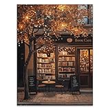 FuSatisYilife Fall Coffee Bookstore Wall Art Vintage Autumn Cozy Cafe Shop Poster Bookish Dark Academia Canvas Prints for Reading Room Nook Wall Decor 12X16 inch Unframed Book Lover Gift