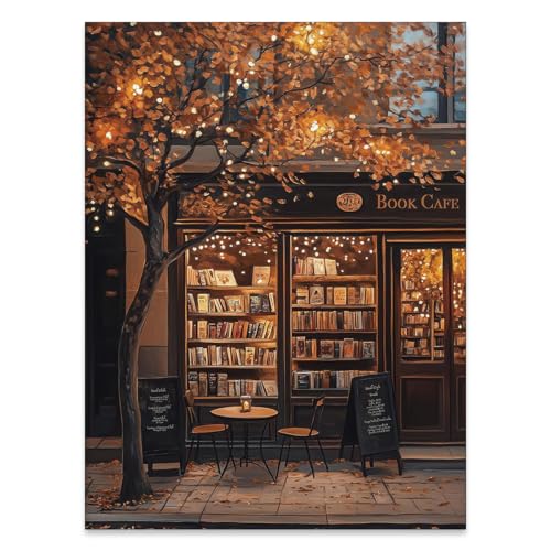 FuSatisYilife Fall Coffee Bookstore Wall Art Vintage Autumn Cozy Cafe
