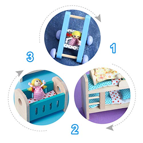 Grebest Wooden Doll House Miniature Furniture Baby Room Set Little Friends Children's Nursery Room Models DIY Assembled Toys with Chair Bed Stroller Doll House Accessories for Toddlers(1#)