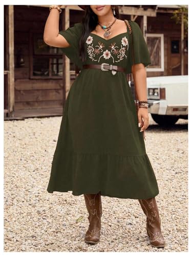 Women's Plus Size Western Cowgirl Dresses Flowy Ruffle Boho Floral Embroidered Short Sleeve Midi Long Dress3