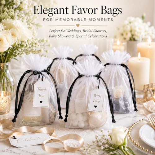 Image of Hopttreely White Organza Bags with Black Drawstring, 4x6 Inch Premium Mesh Drawstring Gift Bags for Party Favors, Jewelry, Weddings, Small Business, Baby Shower, Graduation, Candy & Goodie Bags