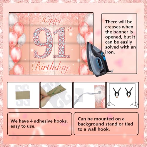 Image of Happy 91st Birthday Rose Gold Banner Cheers to 91 Years Old Backdrop Confetti Balloons Theme Decor for Women 91 Years Old Pink Birthday Party Decorations Bday Supplies Background Favors Gift Glitter