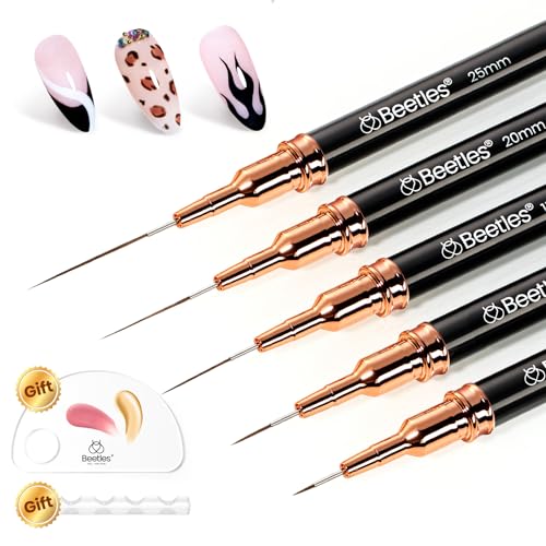 Image of Beetles Liner Brushes for Nails 5pcs - Metallic Nail Art Brushes Black Nail Art Pens Liner Sizes 5 /9 /15 /20 /25mm with Palette Holder Painting Manicure Design Tools for Long Lines, Details, Fine Drawing