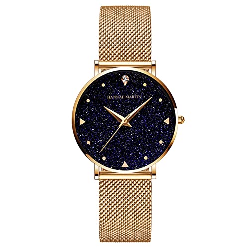 CNMJI Armbanduhr Mit Blau Sternenhimmel Diamant Zifferblatt Für Damen Mode Analog Quarz Damen Uhr Wasserdicht Damenuhren Edelstahl Gehäuse Mit Netzband Women Watches,Gold Cover
