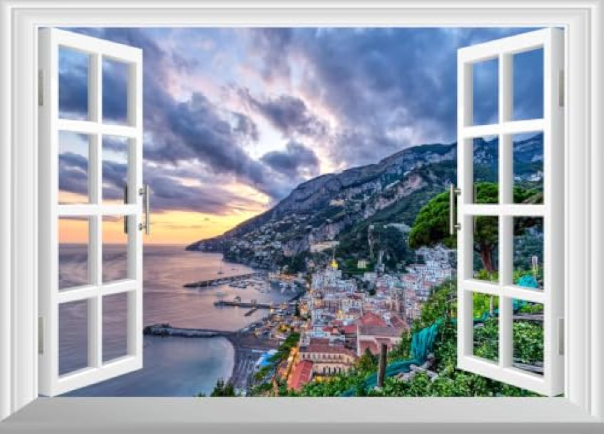3D Open Window Coastal City View Wall Sticker