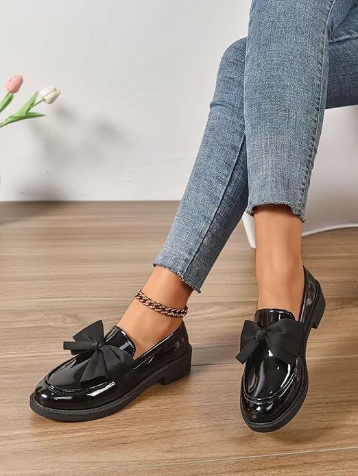 Pink Loafers for Women Patent Leather Shoes for Women Bow Loafers Slip-On Flat Shoes Casual Comfort Footwear Orthopaedic Anti-Slip Penny Loafer Comfort Slip on Low Heel Footwear - Image 5