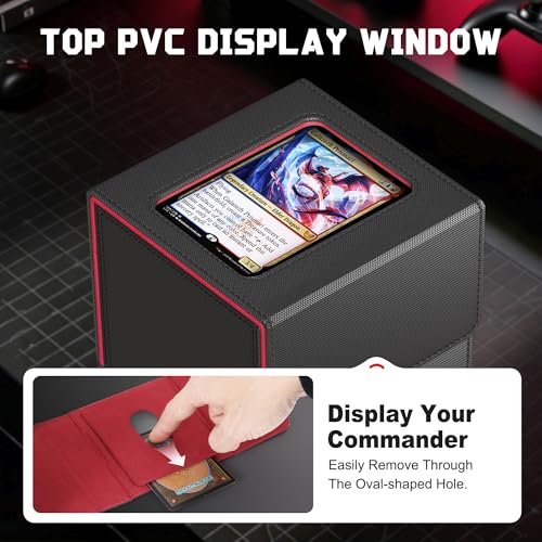 Image of Kabinka MTG Deck Box with Window, Commander Deck Box for Trading Cards, Holds 110+ Double Sleeved Cards, Fits TCG CCG EDH (Black Red)