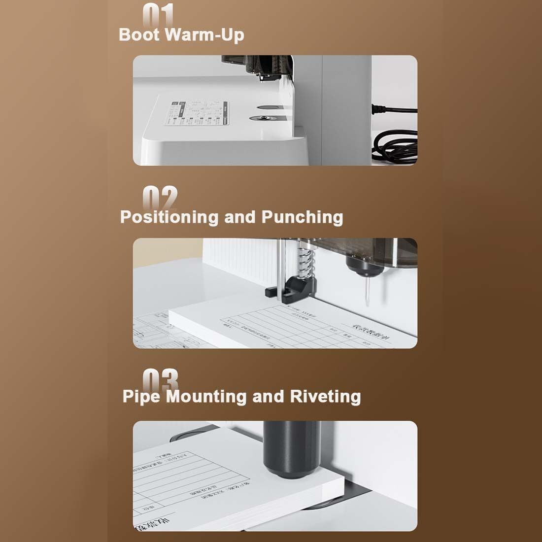 Rilegatrice per Ricevute E Voucher,Punzonatrice Automatica Hot-Melt,Rilegatrice per Libri con Tubi Rivettati,Rilegatrice per Documenti Contabili,con 3 Frese per Trapano,100 Tubi per Rivetti
