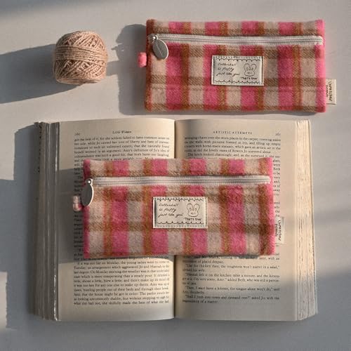 Image of Monolike Unmatched Friends Old Check Pencil Case, Hot Pink - Pencil Pouch, Portable Pencil Bag, Pencil Case, Office Pouch case, Cushion, Soft, Vintage