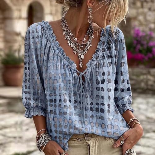 Polka Dot Lace Up Blouse for Women 3/4 Sleeve V-Neck Boho Peasant Tops - 1