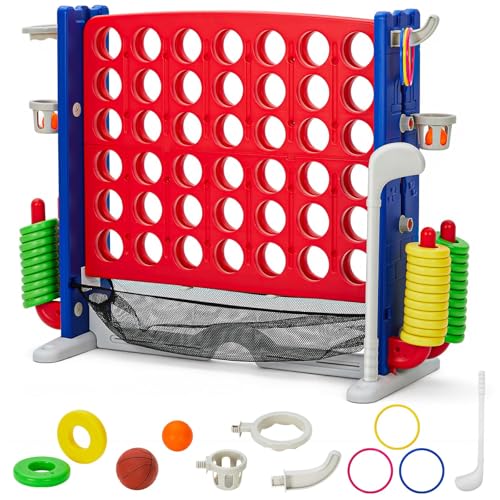 Giant 4 Connect in a Row Game Jumbo Connect 4 Outdoor Game With Adjustable Height(36-48 In) and 42 Jumbo Rings Quick Release Slide Yard Games For Kids And Adults Ideal For Holiday Party Family Game