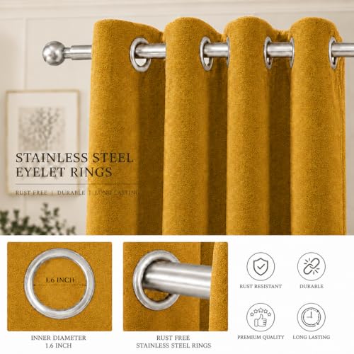 Image of Velvet Curtains | Heavy Soft Premium Velvet Drapes for Bedroom and Living Room | Semi Light Blocking, Thermal Insulated and Noise Reducing Window Panels | 5 Feet, Set of 2 (Mustard)