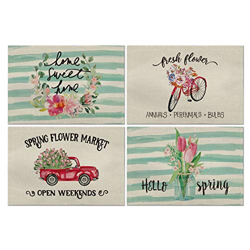 Artoid Mode Watercolor Stripes Spring Flowers Truck Placemat for Dining Table 12 x 18 Inch Truck Bicycle Holiday Rustic Washable Table Mat Set of 4