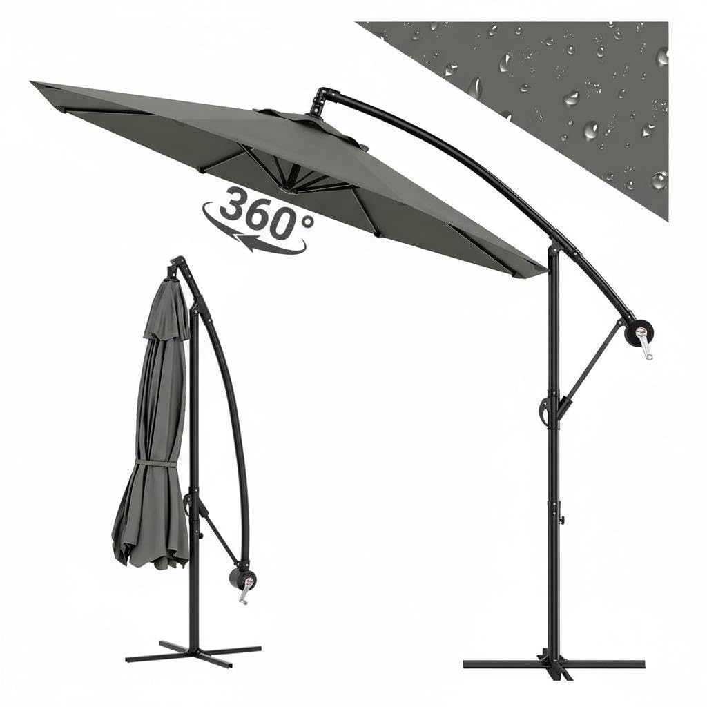 Garvee Parasol Déporté Giratorio Ø300 cm – Protección UV, Tela Impermeable Anti-Decoloración – Inclinable, Con Manivela, Funda y Base Incluidas – Ideal Para Terraza, Jardín y Piscina
