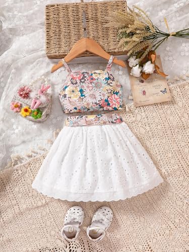 Image of TAGAS Girls Girls Floral Crop Top and White Lace Skirt Set - Summer Sleeveless 2-Piece Outfit with Bow Belt - Casual Party Dress for Kids