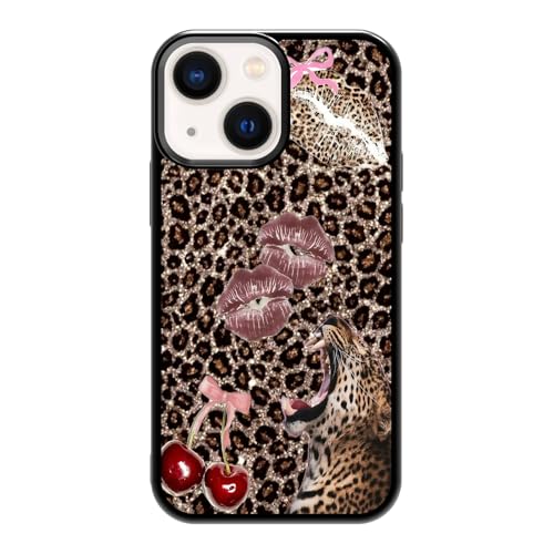 qizjio Cheetah Print Phone Case Shockproof Protective Cherry Lipstick Leopard Pattern Phone Cases for iPhone 13 Mini