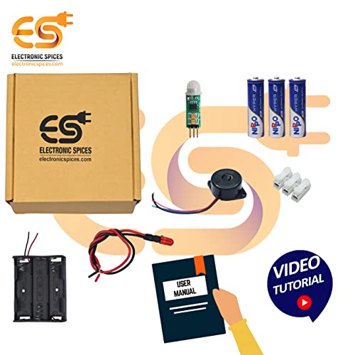 Image of Electronic Spices DIY Mini Motion Sensor Kit (Battery Holder, Push Connector, Motion sensor, Led, Cell's, Buzzer) with User Manual and Video Tutorial