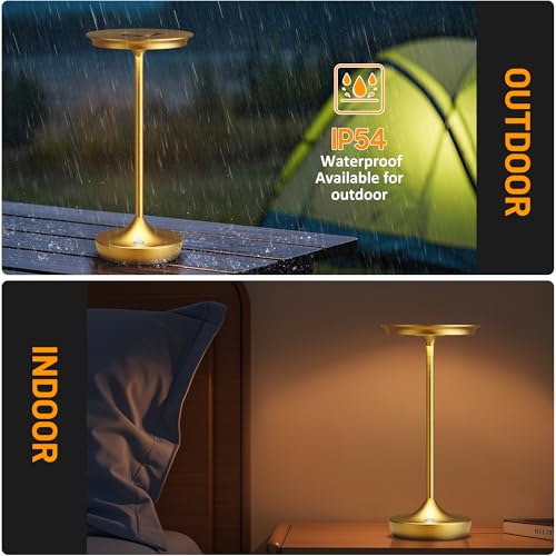 Image of LED Rechargeable Cordless Outdoor 6000mAh Battery Table Lamp 2-Pack Gold | Portable Waterproof 3 Color Stepless Dimmable Lights Memory Function for Patio Restaurant Bar Dining Room