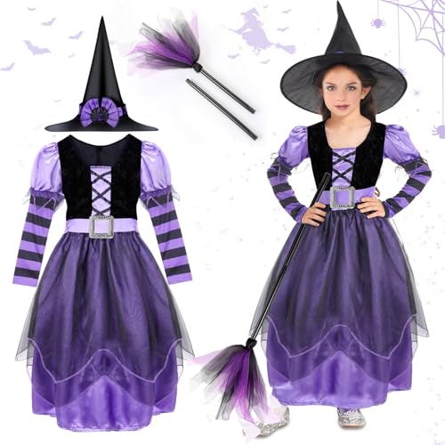 TEWWCEO Traje de bruxa para menina com chapéu, vassoura e cinto - Halloween, carnaval, aniversário, Natal - 5-6 anos, tamanho M