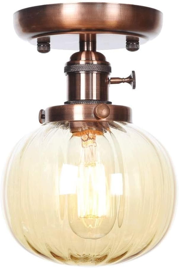 LOFT Retro Striped Glass Ball Lampshade Ceiling Lamp Semi Flush Mount Ceiling Light Fixture LED E27 Single Head Ceiling Lights for Bathroom Porch Kitchen Living Room Dining (Color : Chrome) Re