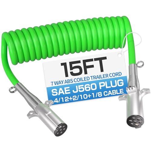 Deluwire 15 FT 7 Way Coiled Trailer Cord ABS Electrical Power Cable, Effective Length 8-10 FT SAE J560 Plug Heavy Duty Cable Power Wire for Semi Trailers Trucks Tractors, Resistant to -85°F Cold