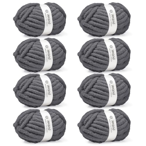 Image of Inhand Chunky Chenille Yarn for Hand Knitting,Thick Bulky Blanket Yarn for Crocheting,Soft Fluffy Yarn for Crochet Birthday Gifts for Men /Women /Beginners,8 Pack (29.5Yds /8.4oz Each),Deep Gray