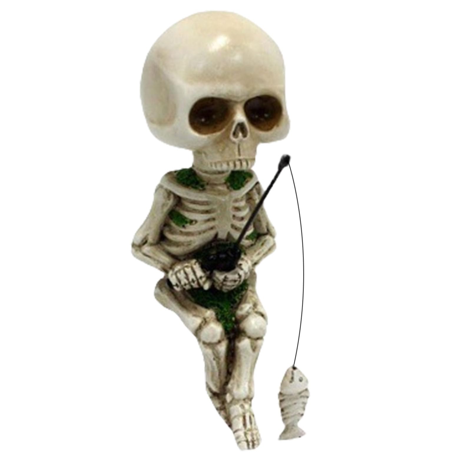 Laiousn Multicolor Whimsical Skull Humorous Fishing Resin Statue Outdoor Garden Centerpiece Art For Pondside Rockery Display Pond Pathway Weatherproof Garden Art Figurine