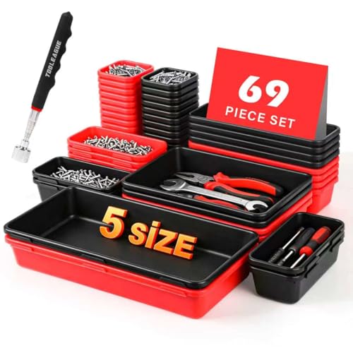 Image of TOOLEAGUE 69Pcs & 5 Sizes Tool Box Organizer with 15Lb Magnetic Pickup Pen | Drawer Organizer Tray Set, Garage Organization and Storage Workshop Rolling Tool Chest WorkBench Small Part(Black, Red)