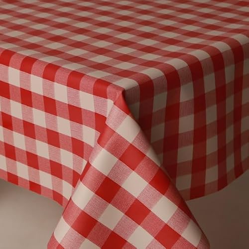 Home Expressions Pvc Red and White Gingham Wipe Clean Vinyl Table Cloth/Protector Textile Backing (140cm x 300cm Rectangle)
