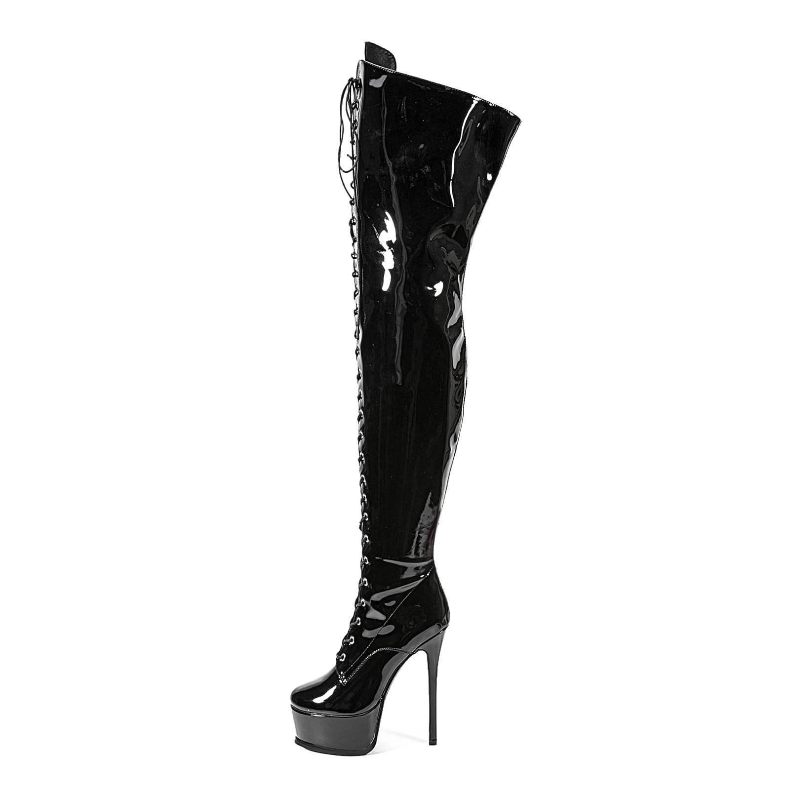Shiny leather Thigh high boots for Women Stiletto heel Platform Over the knee Round toe back zipper Sexy Front Strappy high heel Cosplay Custume unisex boots