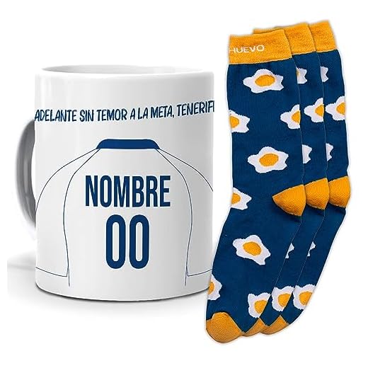 mundohuevo Regalo Original Equipo de Futbol. Taza (Personalizada) y Trio de Calcetines. Tenerife. Personaliza la Taza con el Nombre y Numero Que Quieras