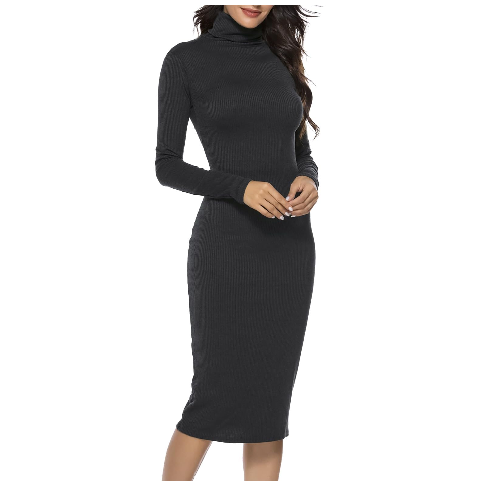Vestido largo para mujer 2026 con cuello alto y punto acanalado para mujer, manga larga, ajuste delgado, ropa lisa