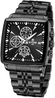 REWARD Square Mens Wrist Watches, Luxury Fashion Analog Quartz Watch, Classic Big Face Chronograph Waterproof Luminous Date Stainless Business Watches for Men Black/Silver/Blue Dial