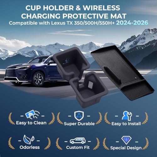 Image of Cup Holder Insert & Wireless Charging Protective Mats for Lexus TX TX350 /TX500h /TX550h+ 2026 2025 2024, Center Console Interior Accessories for 2024-2026 TX 350 /500h /550h+, Black