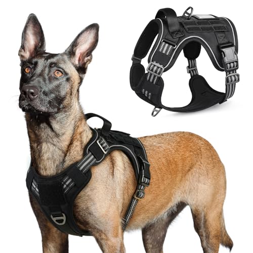rabbitgoo Dog Harness Large Dog No Pull, Tactical Adjustable Pet Harness with Molle Panel, Breathable Military Vest, Reflective Walking Vest with Easy Control Handle for Training Walking, Black, L