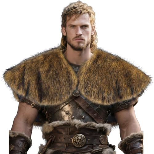 Viking Fur Shawl for Men Medieval Faux Fur Cloak Collar - Renaissance Shoulder Wrap Cape Halloween LARP Cosplay Costume (Brown A)