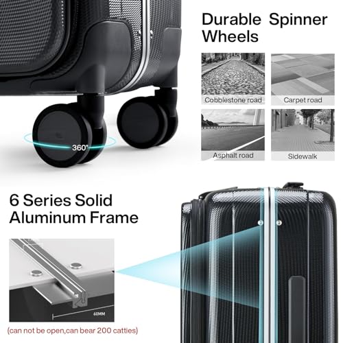 Image of Hanke Carry On Luggage Hardside Suitcase with Wheels & Front Opening, 20in 24in 26in Large Luggage Aluminum Frame PC Rolling Suitcases Travel Bag TSA Lock, Black(with laptop compartment), 20 Inch, 20 Inch Carry on Luggage Hard Shell Suitcases With Wheels