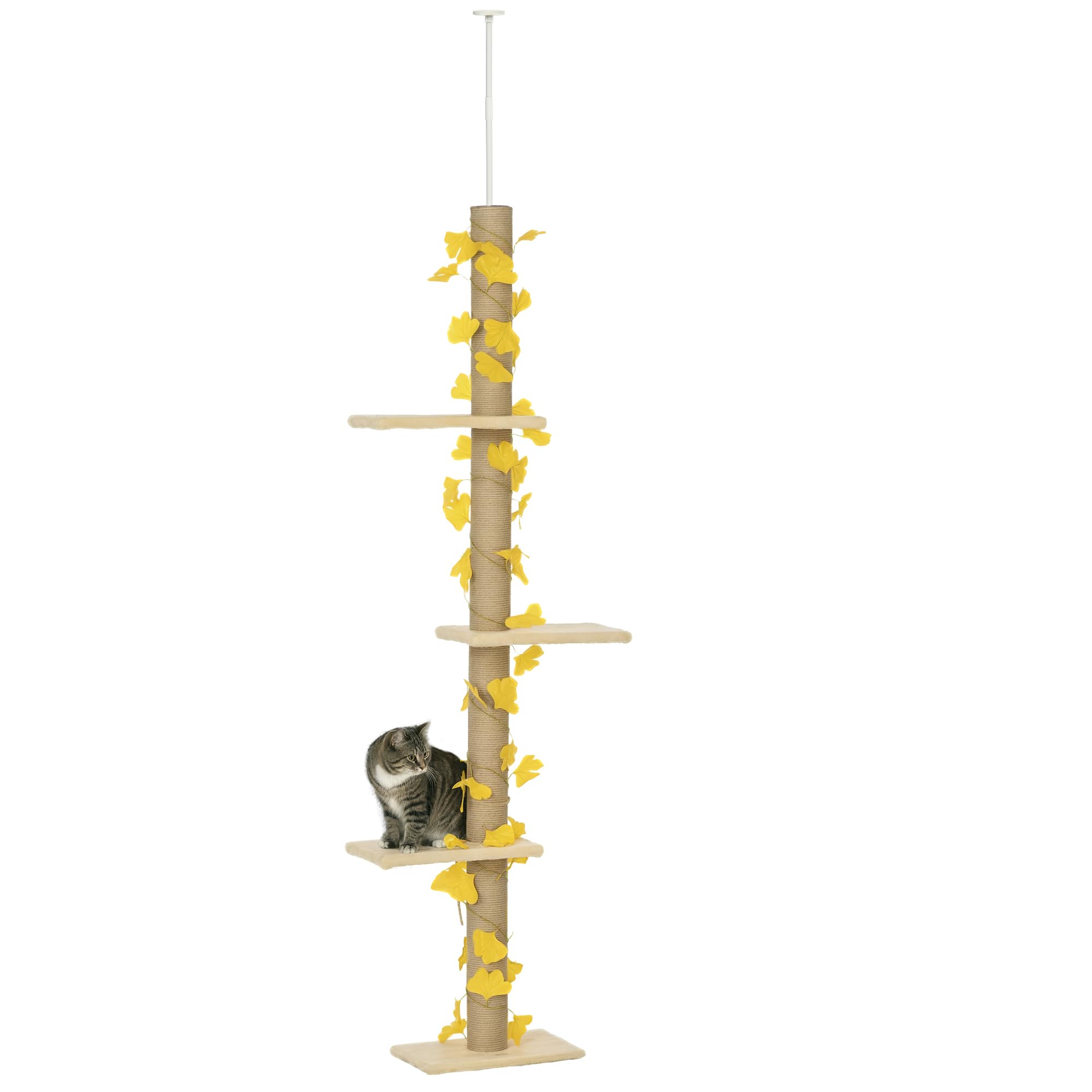 PawHut 242cm Floor to Ceiling Cat Tree for Indoor Cats with Leaves, Height Adjustable Cat Climbing Tower with Scratching Post, Anti-Slip Kit - Yellow — image 1