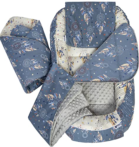 Medi Partners Babynest Nestchen Baby Set für Neugeborene - 100x60x15 Kuschelnest 5 teilig tragbar Nest zweiseitig Babynestchen Bett 100{1c981a181fb211f8a9efb121e81c9322d02974165553557d3e8b4baf0f6c4c8c} Baumwolle (Traumfänger mit grauen Minky)