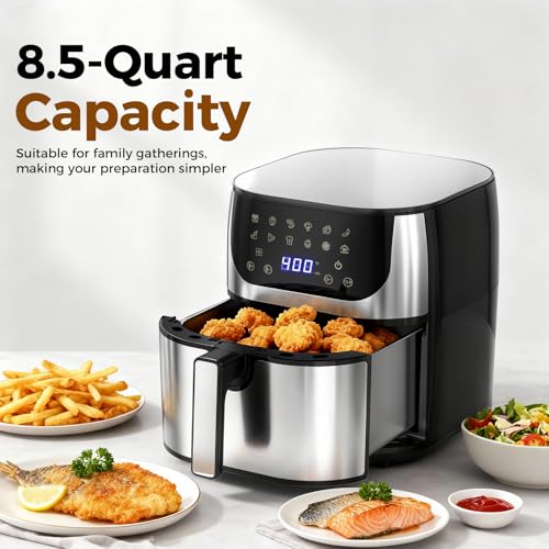 Image of OLIXIS 8.5Qt Air Fryer, 12-In-1 Large Air Fryer for Family, 400F Rapid Air Crispy Technology, Roast Bake Dehydrate Reheat, Nonstick & Easy-Clean Basket, 1800W, Silver