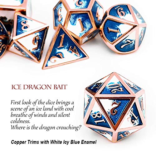 Haxtec Metal DND Dice Set Copper Blue White D&D Dice with Leather Dice Bag Compatible with Dungeons and Dragons RPG-Ice Dragon Bait